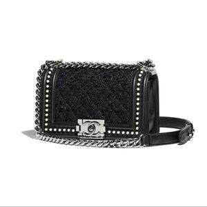 New Chanel small tweed boy with faux pearls flap bag